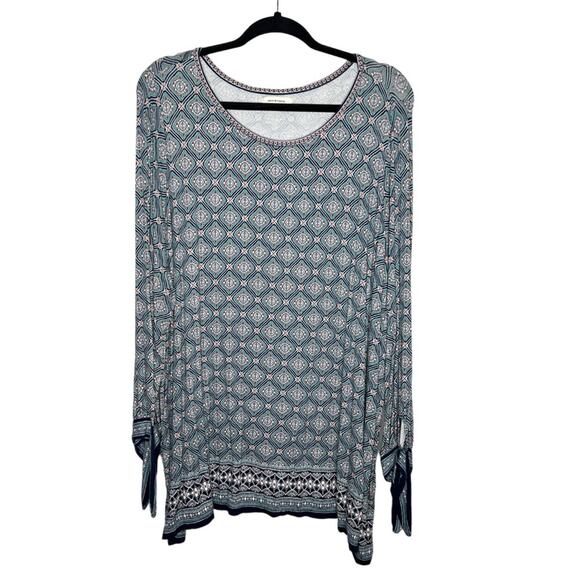MAX STUDIO / teal blue white geometric patterned long sleeve tunic top / L - Picture 1 of 7